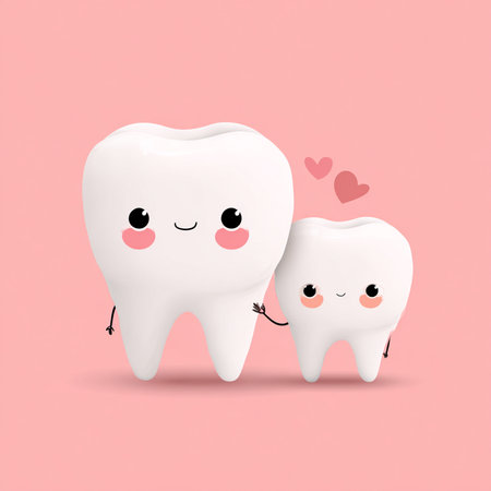Tooth with happy faces on pastel pink background. Vector illustration.の素材