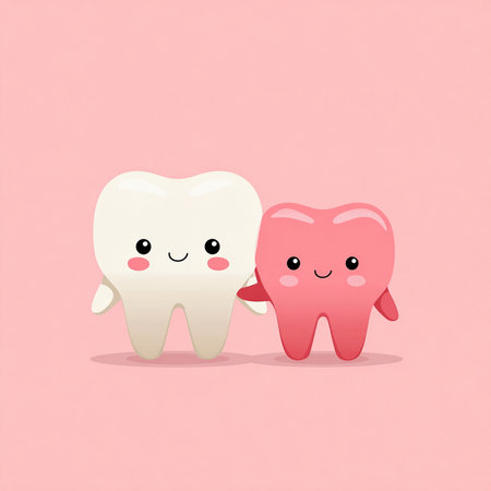 Cute cartoon tooth character isolated on pink background. Vector illustration.の素材