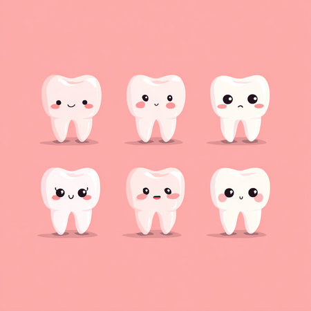 Cute cartoon tooth character with different emotions. Vector illustration isolated on pink background.の素材