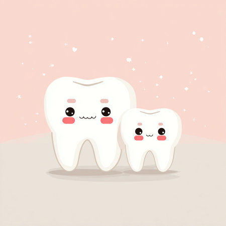 cute cartoon tooth couple on pastel background. Vector illustration.の素材