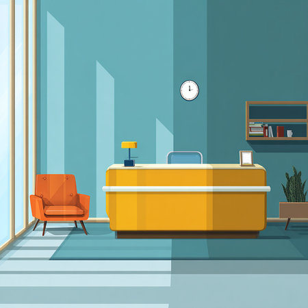 Interior of hotel room with reception desk and armchair. Vector illustrationの素材