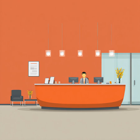 Flat design vector illustration of orange reception desk in modern office.の素材