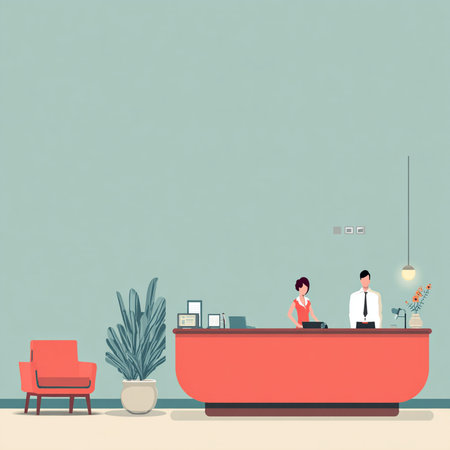 Flat design of receptionist in hotel lobby interior. Vector illustrationの素材