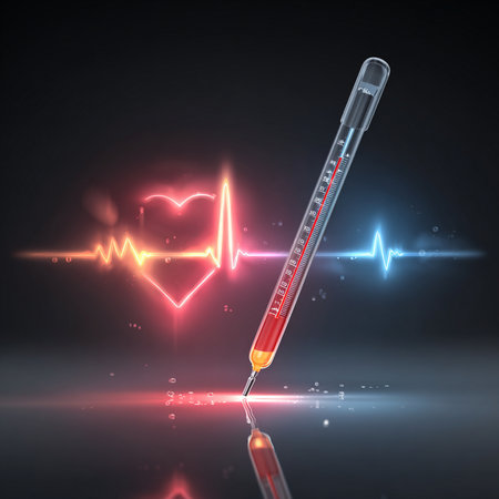 Medical thermometer with heart beat on dark background, 3D renderingの素材