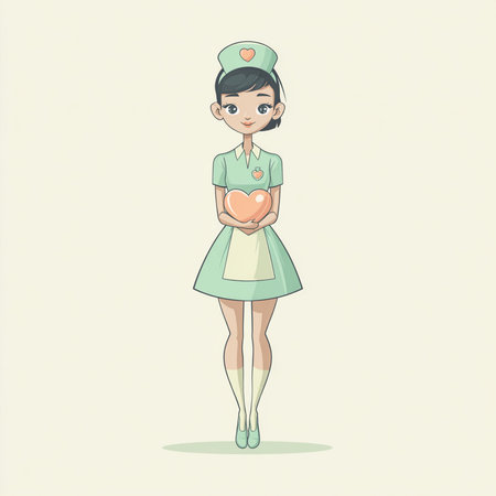 Nurse in uniform holding heart. Vector illustration in cartoon style.の素材