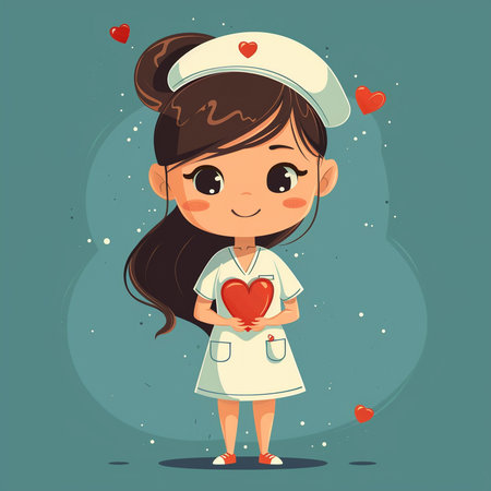 Cute little girl in a nurse uniform with a heart. Vector illustration.の素材