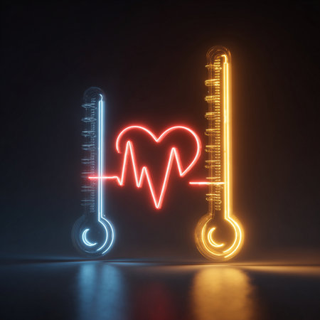 Neon thermometer with heart beat on dark background. 3D renderingの素材