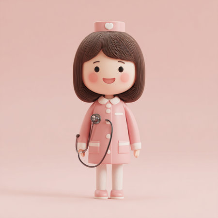 3d rendering of a cute doll with stethoscope and pink backgroundの素材