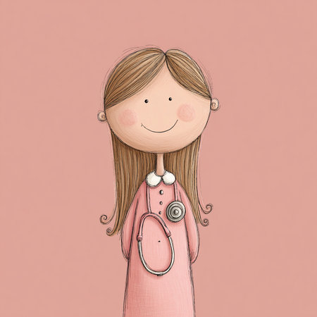 Illustration of a cute little girl with a stethoscope on her neckの素材