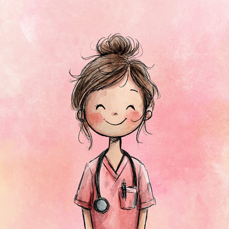 Cute smiling nurse with stethoscope on pink watercolor backgroundの素材