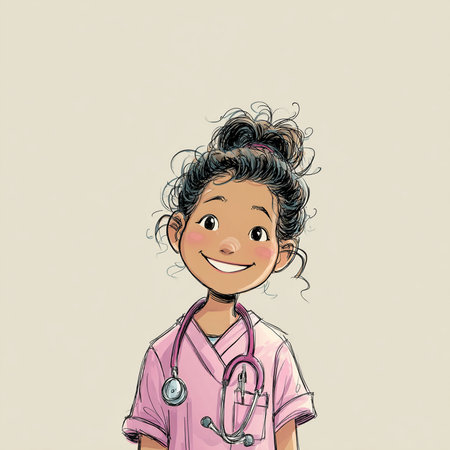 Illustration of a smiling female doctor with stethoscope on her neckの素材