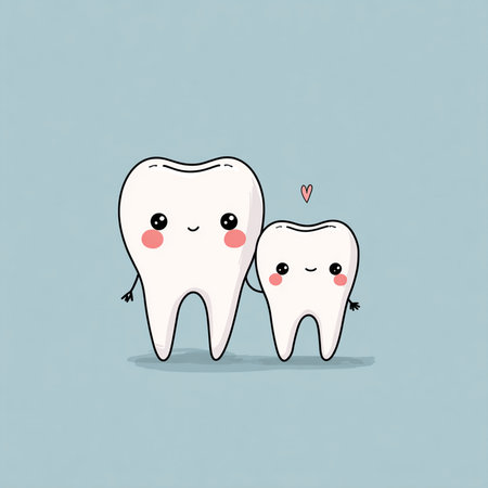 Cute cartoon tooth character with happy expression. Vector flat illustration.の素材