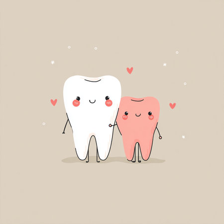 Cute cartoon tooth character with love and heart. Vector illustration.の素材