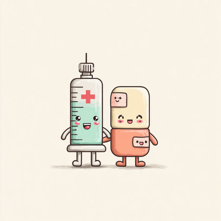 Cute cartoon medicine syringe and ampoule. Vector illustration.の素材