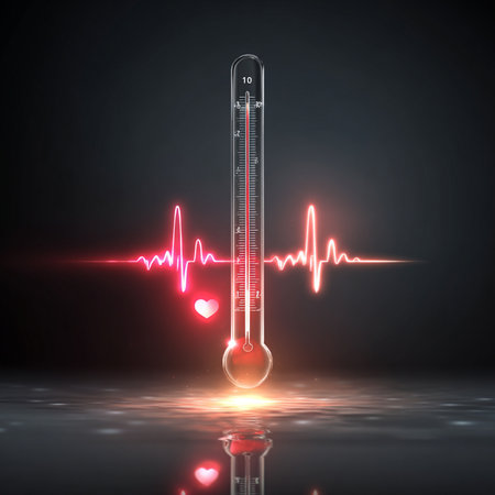 Thermometer with heart beat and ekg on dark background. 3D renderingの素材