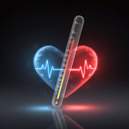 thermometer and heart on dark background, 3d illustration.の素材