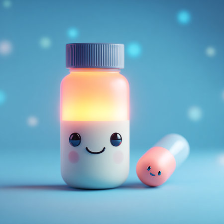 Smiling pill bottle on blue background with bokeh effect. 3D Renderingの素材