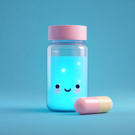 Cute bottle with pills on blue background. 3D rendering.の素材