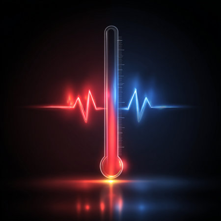 Thermometer with heart beat on dark background. Vector illustration.の素材