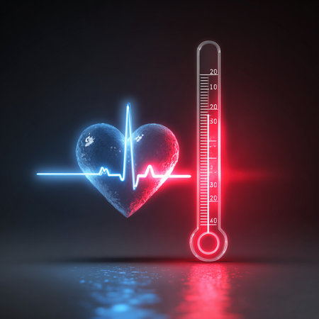 Thermometer with heart and cardiogram on dark background, 3D renderingの素材