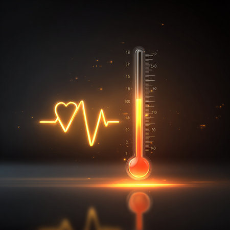Thermometer with heart beat on dark background. Vector illustration.の素材