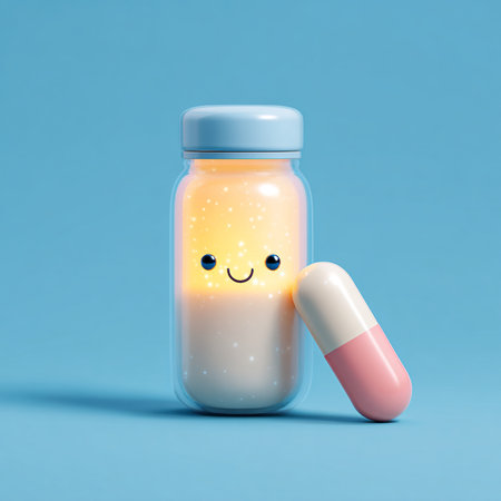 Capsule pill in bottle on blue background. 3d illustrationの素材