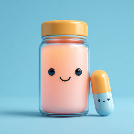 Mockup of a jar with a smiling face and pills on a blue backgroundの素材