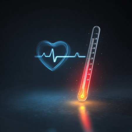 Thermometer with heart beat icon on dark background, 3D renderingの素材