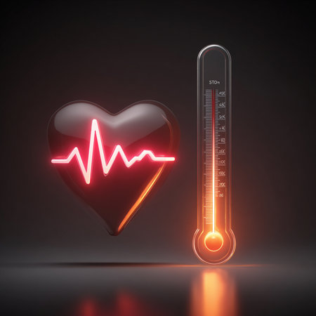 Glowing medical thermometer and heart with cardiogram on dark backgroundの素材
