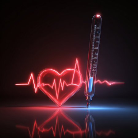 Glowing medical thermometer and heart on black background, 3D renderingの素材