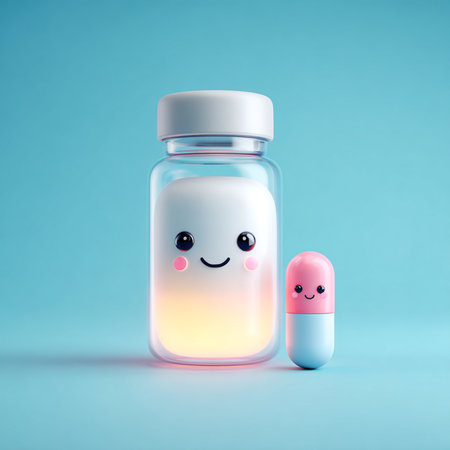 Cute cartoon pill in jar on blue background. 3d renderingの素材