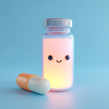 3d render of pill bottle with smiley face isolated on blue backgroundの素材