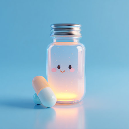 Capsule pill in glass jar on blue background. 3d illustrationの素材