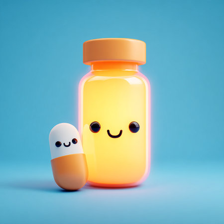 Cute cartoon pill bottle on blue background. 3D Renderingの素材