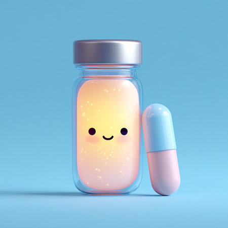 Capsule pill in glass jar on blue background. 3d illustrationの素材