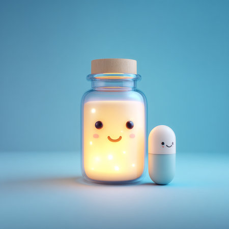 Illustration of a bottle with a smiley face and a pill on a blue backgroundの素材