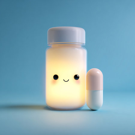 Illustration of a pill bottle with a smiley face, 3d renderingの素材