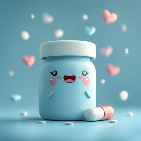 Cute cartoon pill bottle with hearts on blue background. 3d renderingの素材