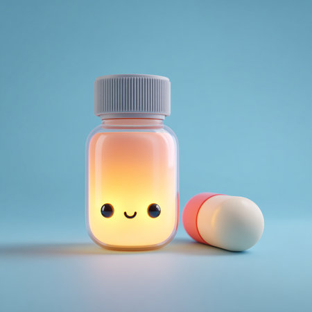 3d render of a pill bottle with a smiley face.の素材