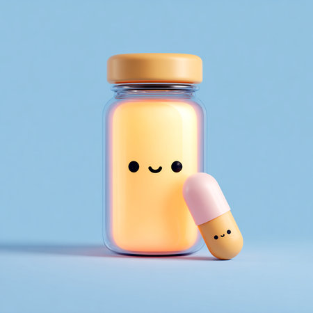 Cute cartoon pill in jar on blue background. 3d renderingの素材