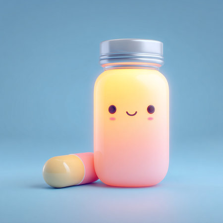 Cute cartoon jar with pills on blue background. 3D renderingの素材