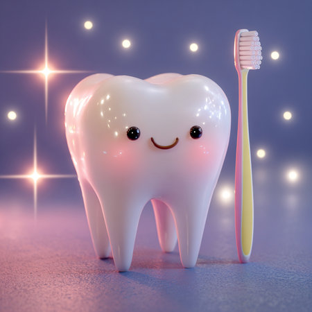 Tooth with a toothbrush on a purple background. 3D rendering.の素材