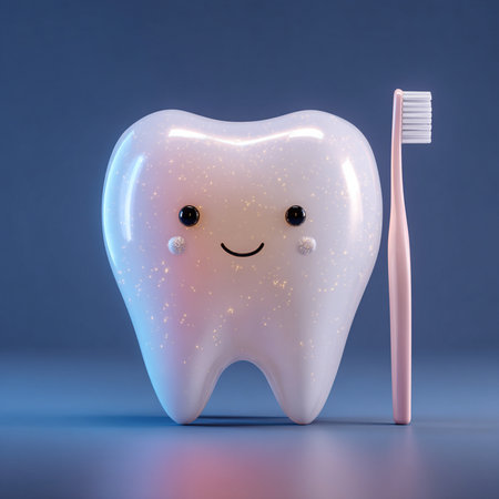 Tooth with toothbrush on blue background. 3D illustrations.の素材