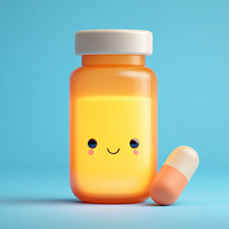 3d render of pill bottle with a smiley face on blue backgroundの素材