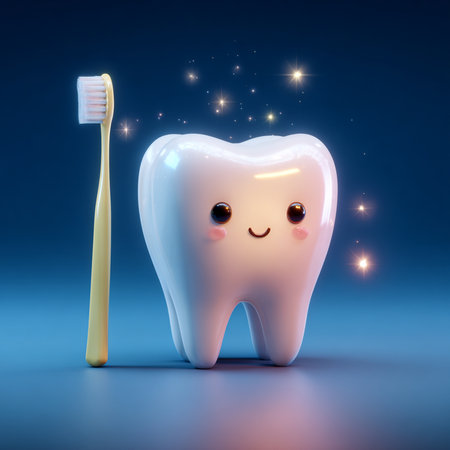 Tooth with toothbrush on a blue background. 3d illustrationの素材