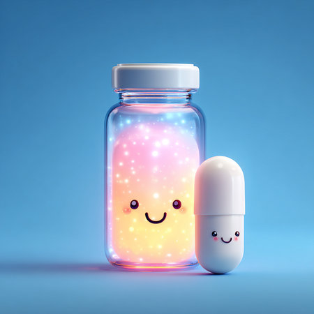 Cute pill in a jar on blue background. 3d renderingの素材
