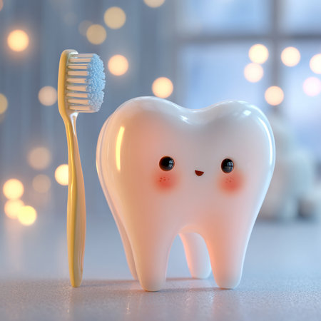 Tooth with toothbrush on the background of a window with lightsの素材