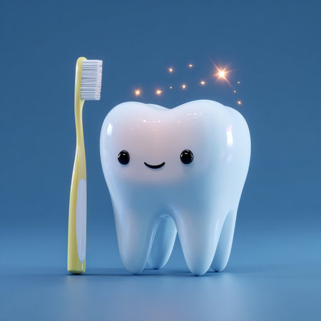 Tooth with toothbrush on blue background. 3d illustration.の素材