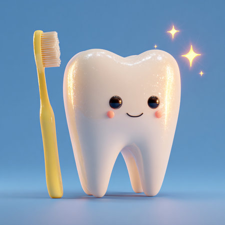 tooth character with toothbrush on white background, 3d illustrationの素材
