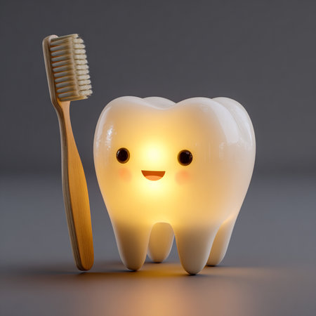 Tooth character with toothbrush on blue background. 3D illustrations.の素材
